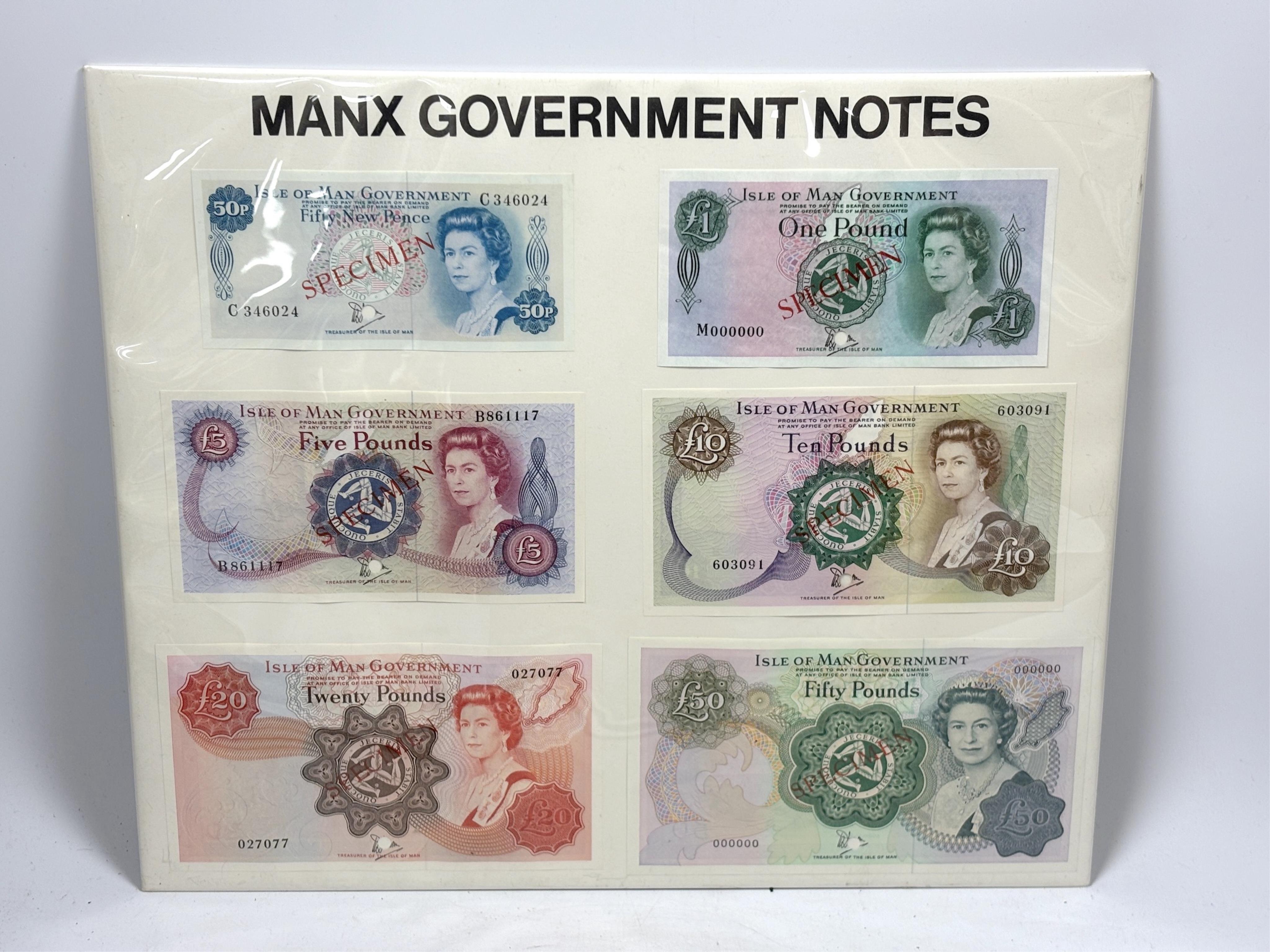 World Banknotes, Isle of Man government, scarce set of six specimen Manx government notes fifty new pence to fifty pounds, c.1972, signed Dawson, in acrylic frame